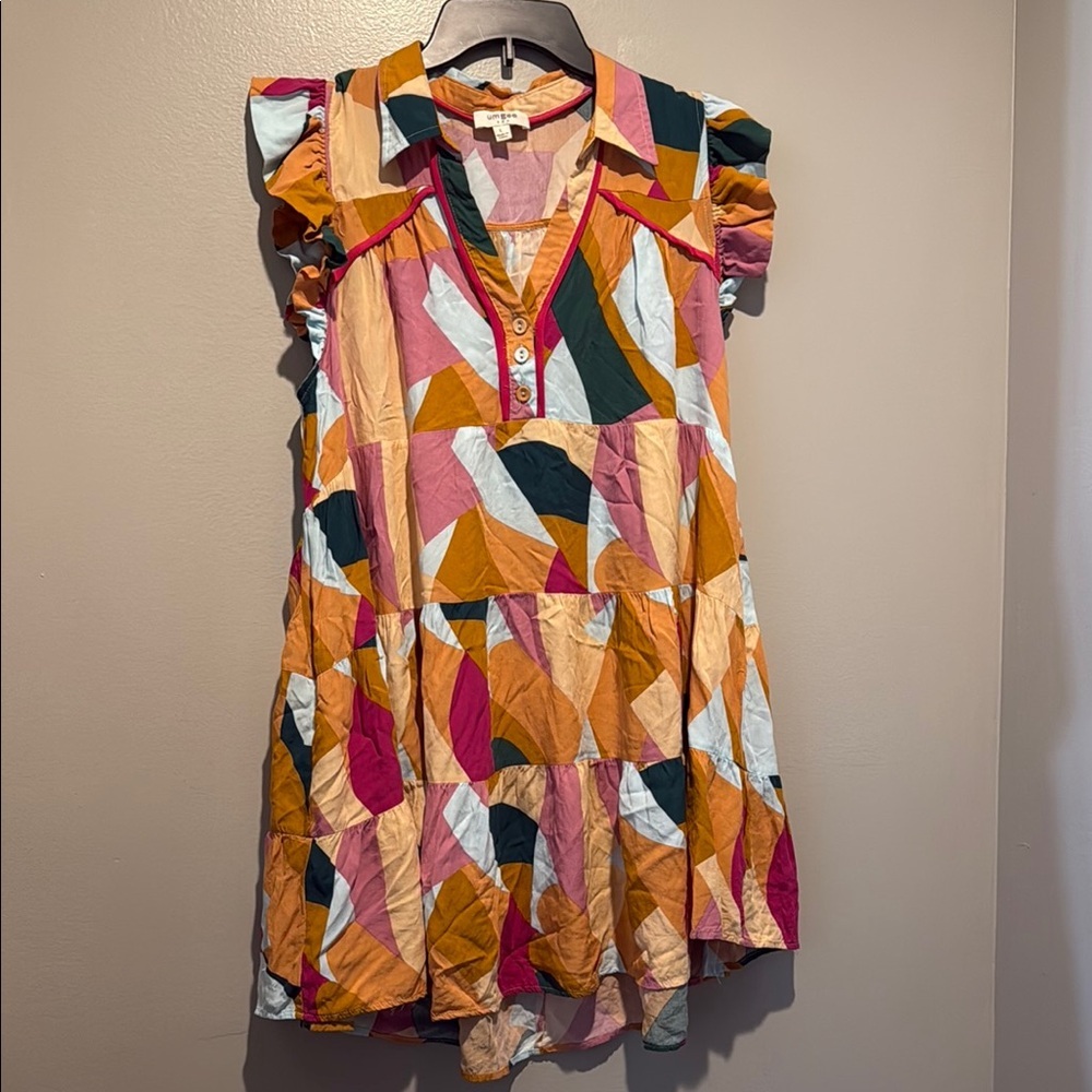 Umgee Peach And Fuchsia Printed Flutter Sleeve Dr… - image 4